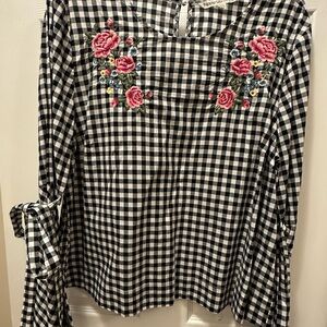 Hippie Laundry Black and White Gingham Blouse with Pink Floral Embroidery